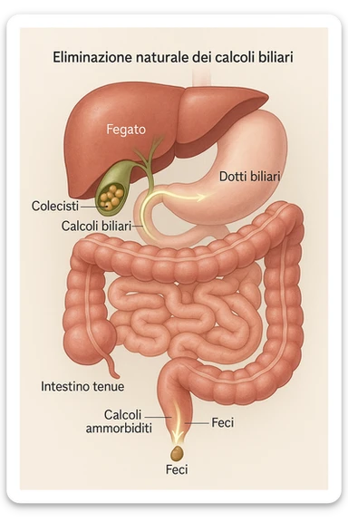 A realistic, educational medical illustration showing the human digestive tract focusing on the liver, gallbladder, bile ducts, and intestines. The gallbladder is depicted with small gallstones inside. A soft glowing arrow indicates the flow of bile and small stones moving naturally from the gallbladder through the bile ducts into the intestines. In the colon, small softened gallstones are shown being prepared for elimination, symbolizing their removal through bowel movements. The style is clean, precise, and clear with soft anatomical colors (greens, soft reds, and yellows) and faint glowing arrows to illustrate the process. The background is a subtle neutral gradient to keep the focus on the organs and the pathway. The image conveys the concept of natural gallstone elimination through the intestines via the stool in a clear, non-graphic, and educational way in italiano sticker
