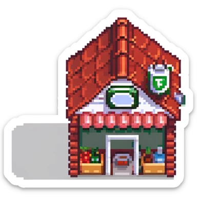 isometric supermarket building with red tiled roof, store entrance, and small parking area sticker