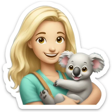 Cute happy smiling blonde girl warm holding cute koala sticker