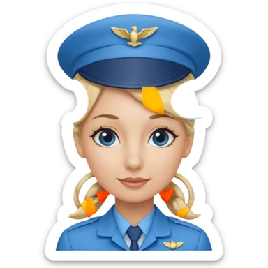 Create an emoji of a female flight attendant with blonde hair tied up, wearing alight blue flight attendant hat and a blue flight attendant uniform. sticker