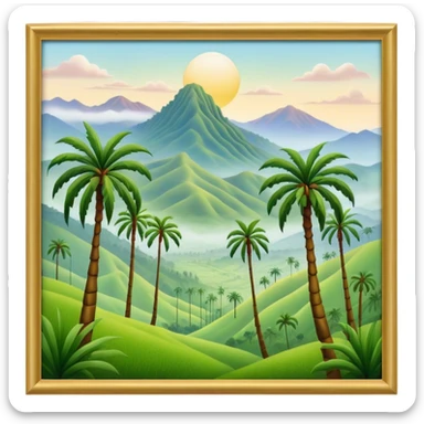 Cinematic Realistic Cocora Valley Landmark Emoji, featuring towering wax palm trees swaying in the misty green valley, with rolling hills and distant mountain peaks bathed in warm morning light. sticker