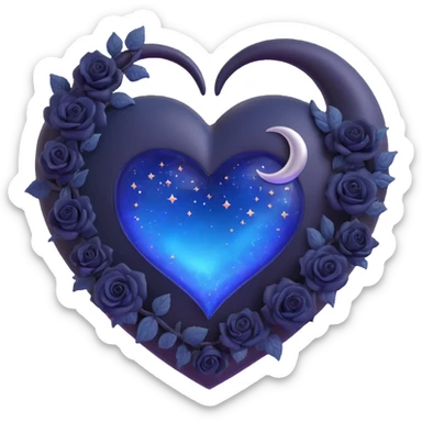 3D emoji gothic heart, midnight blue glass, silver crescent moon, tiny black roses, shimmering stardust, swirling galaxy background sticker