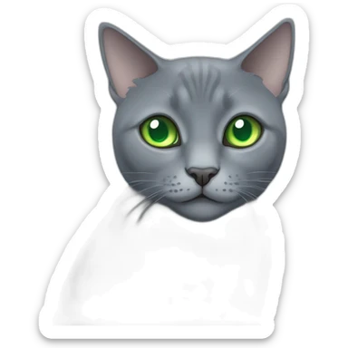 round faced grey russian blue cat with green eyes with big pupils and fat sticker