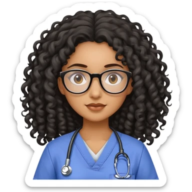 A light brown skin woman with long black curly hair, glasses, in scrubs sticker