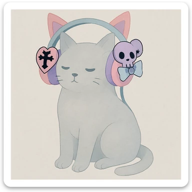 Add cute pastel goth hair clips to the cat ear headphones, keep the style and background as is. Maintain the original look and feel of the image. sticker