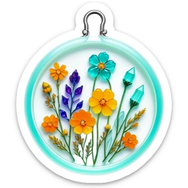 Epoxy resin art icon, jewelry and decorative items made with fluorescent epoxy resin, glowing effect on the resin, finished resin jewelry with dried flowers embedded inside, visible tubes of resin with bright colors, mixing tools, and molds, minimalistic style, clean lines, transparent background sticker