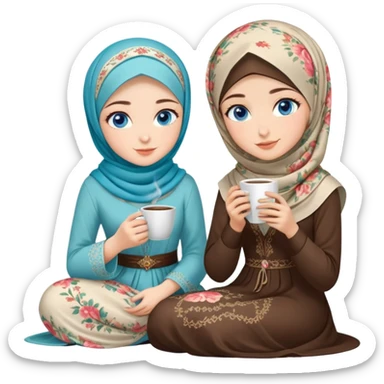 Turkish beautiful finish Konya girls blue eyes with floral Beauty hijab long tail dress and the two friends sits on the chair on the ground and holds cup coffe with her hand  sticker
