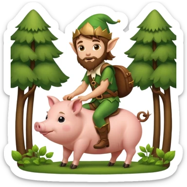 tiny forest elf man long brown hair beard riding baby pig sticker
