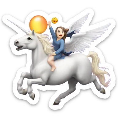 Unicorn flying with big wings and a pegasus and a witch chasing them sticker