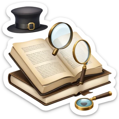 Icon for Detective Reading: an open book with text and a magnifying glass, a detective’s hat and a notebook with clues, surrounded by dark shadows and mysterious elements like footprints. Transparent background. sticker