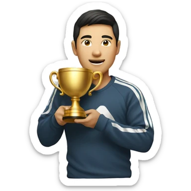 an asian man with a champion cup sticker