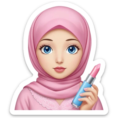 Turkish beautiful finish Konya girl blue eyes with light sakura and pink hijab islamic dress and had on her hand kiko lipgloss and she wearing the lipgloss sticker