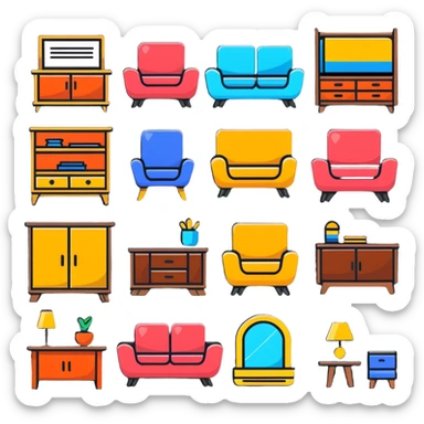 colorful interior design style quiz logo with swiping gesture and different furniture styles sticker
