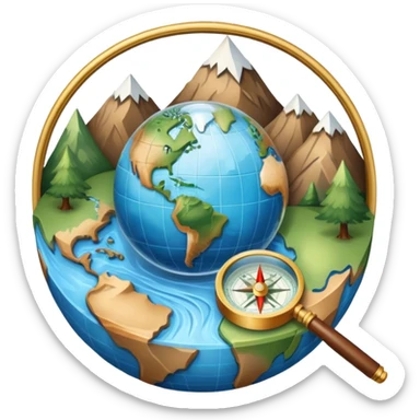 An icon featuring a globe, a compass, and a topographic map, symbolizing geography. The design includes mountain ranges, rivers, and a magnifying glass, representing the study of Earth's landscapes, features, and spatial relationships. Transparent background highlights geographic exploration. sticker