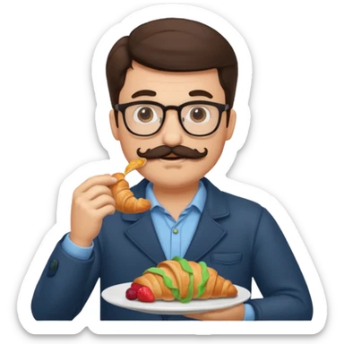 brunette man with glasses and moustache eating croissant sticker