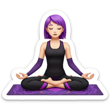 A young woman with purple hair doing yoga in the camel pose (Ustrasana), wearing a black sports outfit, minimalistic background with mandala pattern and colorful stars, soft lighting, peaceful atmosphere, digital illustration style. sticker