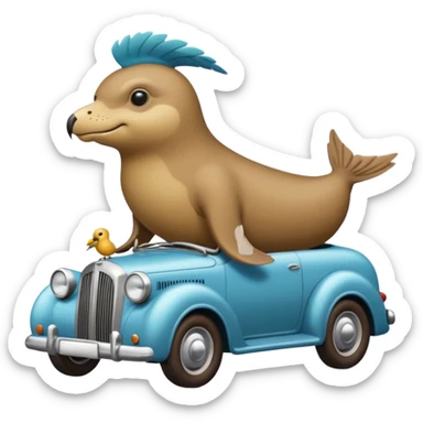 Old fashioned car with a cuckoo sea lion with a bird on his head driving sticker