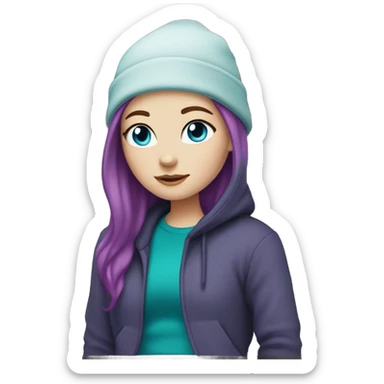White girl, blue eyes, long teal hair, purple beanie hat, black hoodie sticker