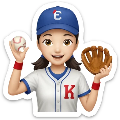 a korean girl cheering her favorite baseball team, wearing the team uniform, baseball cap, and holding baseball sticker