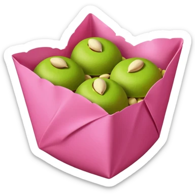 bitten chocolate in a pink wrapper. chocolate filling - pistachio paste green sticker