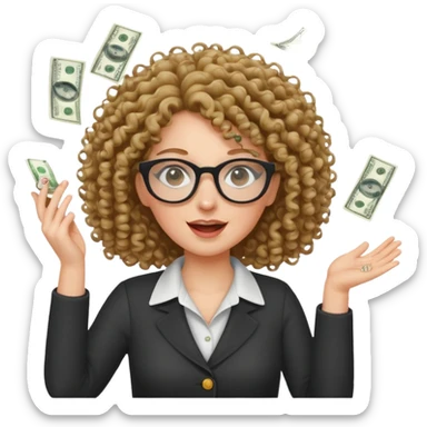 curly haired white woman with glasses throwing money sticker