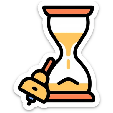 A small hourglass with just a little sand left at the bottom and a shining golden alarm bell next to it, representing a very short task sticker