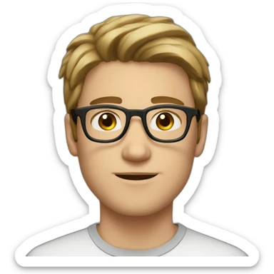 young white man, dark hair, brown eyes, rounded glasses sticker