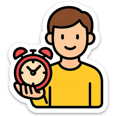A man with brown hair holding a red alarm clock sticker