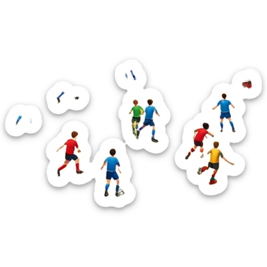 A mini-football match in an indoor sports hall with wooden flooring and clear field markings. The scene shows a vibrant game in action, with players positioned on the court, the goalposts visible, and the atmosphere filled with energy and focus. sticker