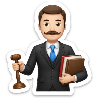 Create a male lawyer. he is wearing a fromal suit jckeret. He is holding a gavel in one hand and a book tucked under his another arm. He has a mustache and BEARD both! sticker