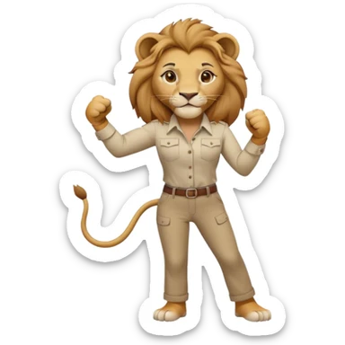 friendly anthropomorphised female lion in a shirt and pants doing a fist pump sticker