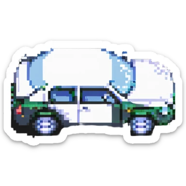 pixel art of a car swerving with a bottle nearby, representing drunk driving sticker
