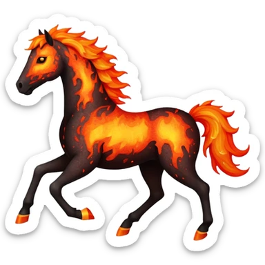 A fast-running fire horse made of embers, magma, and visible lava, with burning mane and ash particles sticker