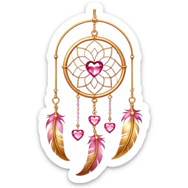 Reddish-pinkish and golden warm-colored romantic lush beautiful pretty hanging crystal-catcher aesthetic with hearts and sparkles and feathers sticker
