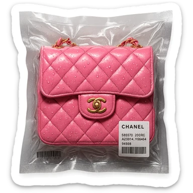 pink Chanel purse, vacuum sealed style, glossy and squished sticker