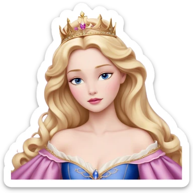 Cinematic Realistic Sleeping Beauty (Aurora) Portrait, with porcelain-like skin featuring a natural rosy flush, illuminated by soft lighting that highlights the gentle contours of her face. Her golden blonde hair flows in soft, detailed waves with subtle highlights that shimmer in the light. Her deep violet-blue eyes radiate warmth and innocence, framed by arched brows and long lashes. Her serene expression exudes quiet elegance. She is dressed in her classic pink gown, the fabric rich in texture with delicate folds that catch the light. A golden crown rests atop her head, gleaming with royal refinement. The portrait captures a soft, glowing aura, blending realism with an ethereal sense of beauty and timeless enchantment. sticker