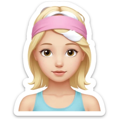 close-up of a beautiful angelic blonde girl's face, bright and serene expression, light pink yoga headband sticker