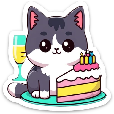 tricolor fluffy cat with big green eyes celebrating her birthday with a cake and champagne sticker