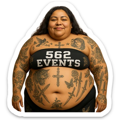 Add more visible tattoos to the extra large Mexican woman, keeping her stomach out and tube top that says '562 Events'. Preserve the transparent background. The style should match the original image's look and feel. sticker