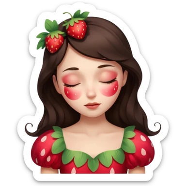 sleeping beauty brunette white girl with a silk pillow strawberry dress with her face painted fairy strawberry sticker