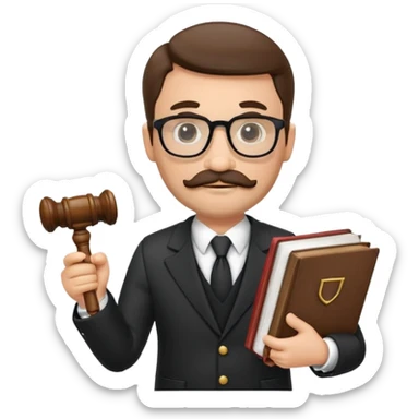 “Create a clean, modern emoji-style illustration of a male lawyer. He is wearing a formal suit jacket. He is holding a judge’s gavel in one hand and has a law book tucked under his arm. He has a mustache and a short beard, and he is wearing glasses. sticker