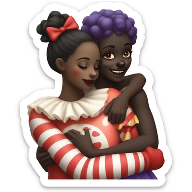 Dark skin girl hugging a clown, clown has on clown makeup, red nose,  sticker