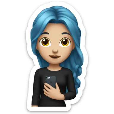 white skin girl with long blue hair in black clothes holding a phone sticker