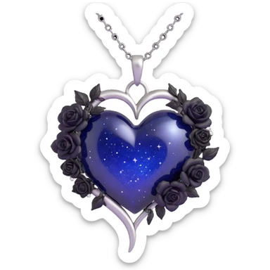 gothic heart made of midnight blue glass with a silver crescent moon, tiny black roses, shimmering stardust, wrapped with a silver chain sticker