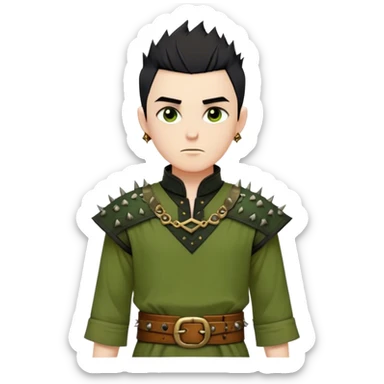 Medieval spring outfit worn by a DnD themed fantasy male character. Moss green cotton tunic with antique brass clasps at the collar, cinched with a tooled leather belt showing simple leaf patterns. Clothes only above the waist, full waist coverage. The character has no arms. Character is white-skinned with jet black hair, deep amber eyes, and short spiky hair with natural texture. sticker