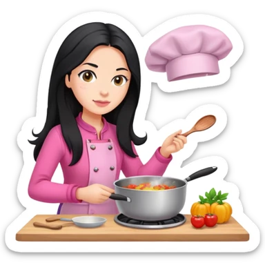 Long black hair girl with caucasian skin is cooking in pink clothes sticker