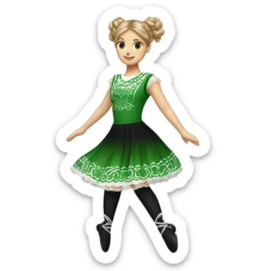 Draw an Irish dance in a solo dress with a bun wig wearing hard shoes and a solo dreas sticker