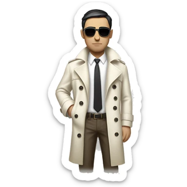 <excerpt>
A white man with real short Black hair, short mutton shops donning small red tinted sun glasses in a dirty white trench coat, is serious.
</excerpt> sticker