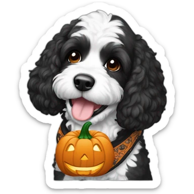 happy black and white cockapoo with a pumpkin and fall bandana sticker