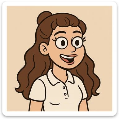 girl with a round face, long wavy brown hair in a half up half down style, brown eyes and long lashes, white button up polo, cartoon style sticker
